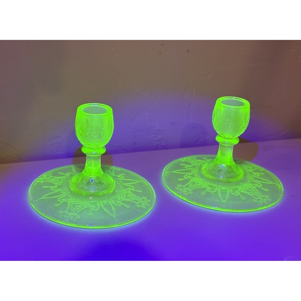 Pair Vintage Uranium Cameo Green Depression Glass Candlesticks Ballerina